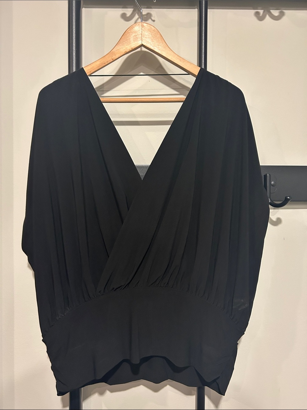 WHBM Black Draped V-Neck Women's Top Open Back